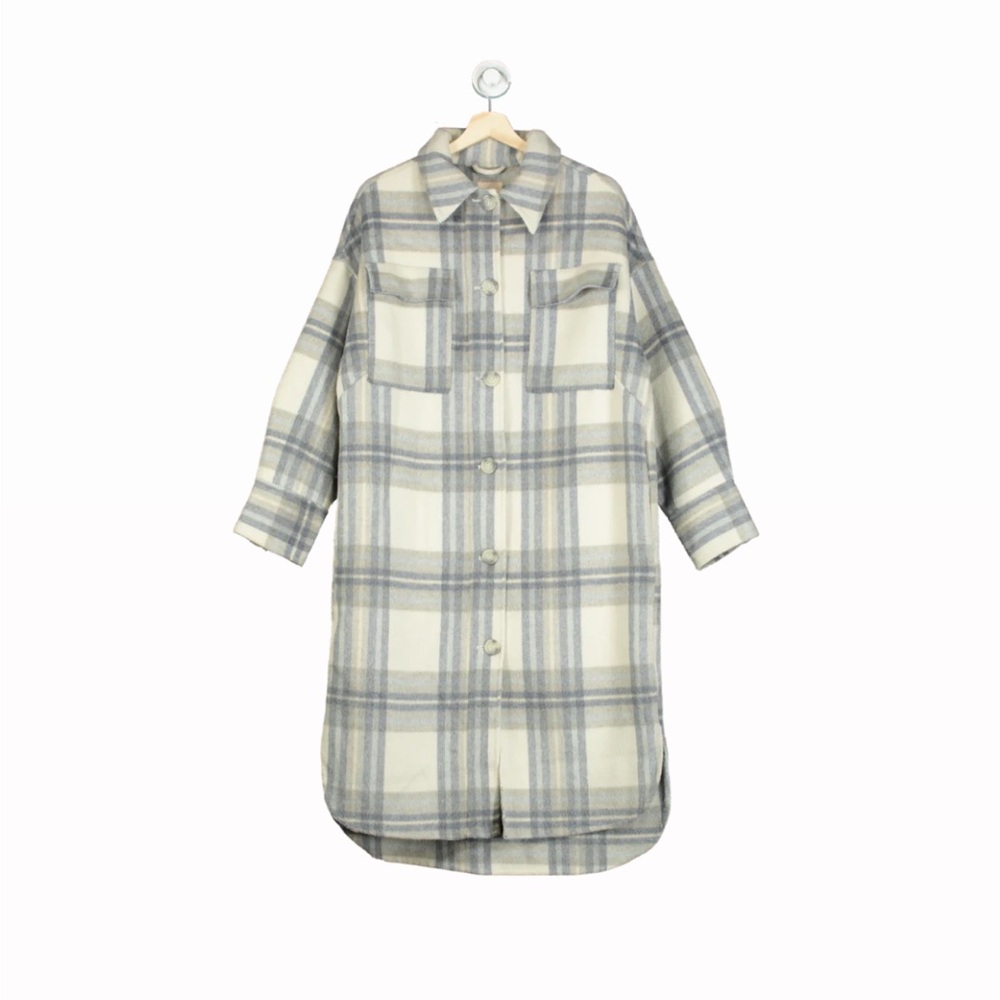 H&M Gray Plaid Long Wool-Blend Jacket